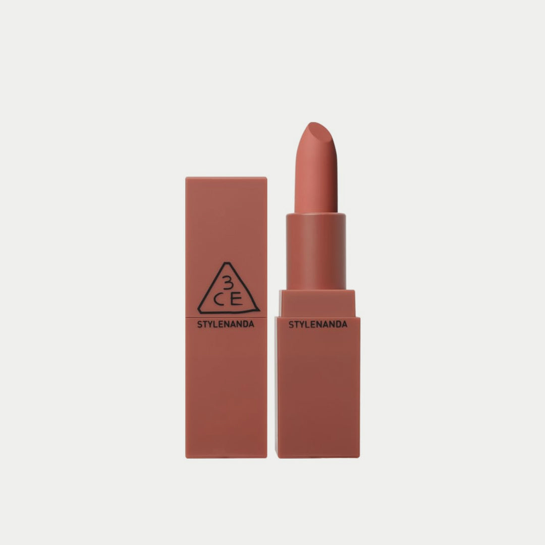3CE Mood Recipe Matte Lip Color in a shade of pink, with the product packaging displayed next to it.