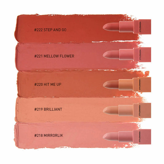 Set of lipsticks with shades labeled #222 Step and Go, #221 Mellow Flower, #220 Hit Me Up, #219 Brilliant, and #218 Mirrorlik on a white background. 3CE Mood Recipe Lip Color swatches KOOMIKO_Korean Skincare K-Beauty