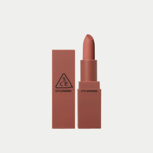 3CE Mood Recipe Matte Lip Color in a shade of pink, with the product packaging displayed next to it.