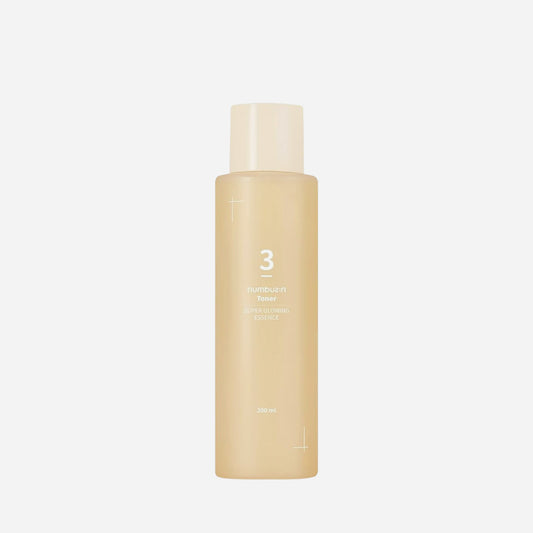 Beige bottle with a white cap on a light gray background Numbuzin - No. 3 Super Glowing Essence Toner 200ml KOOMIKO_Korean Skincare K-Beauty